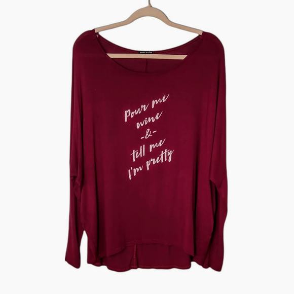 SWEET CLAIRE Womens Maroon Red M Long Sleeve Graphic Top Shirt Soft Lightweight‎ - Picture 1 of 8